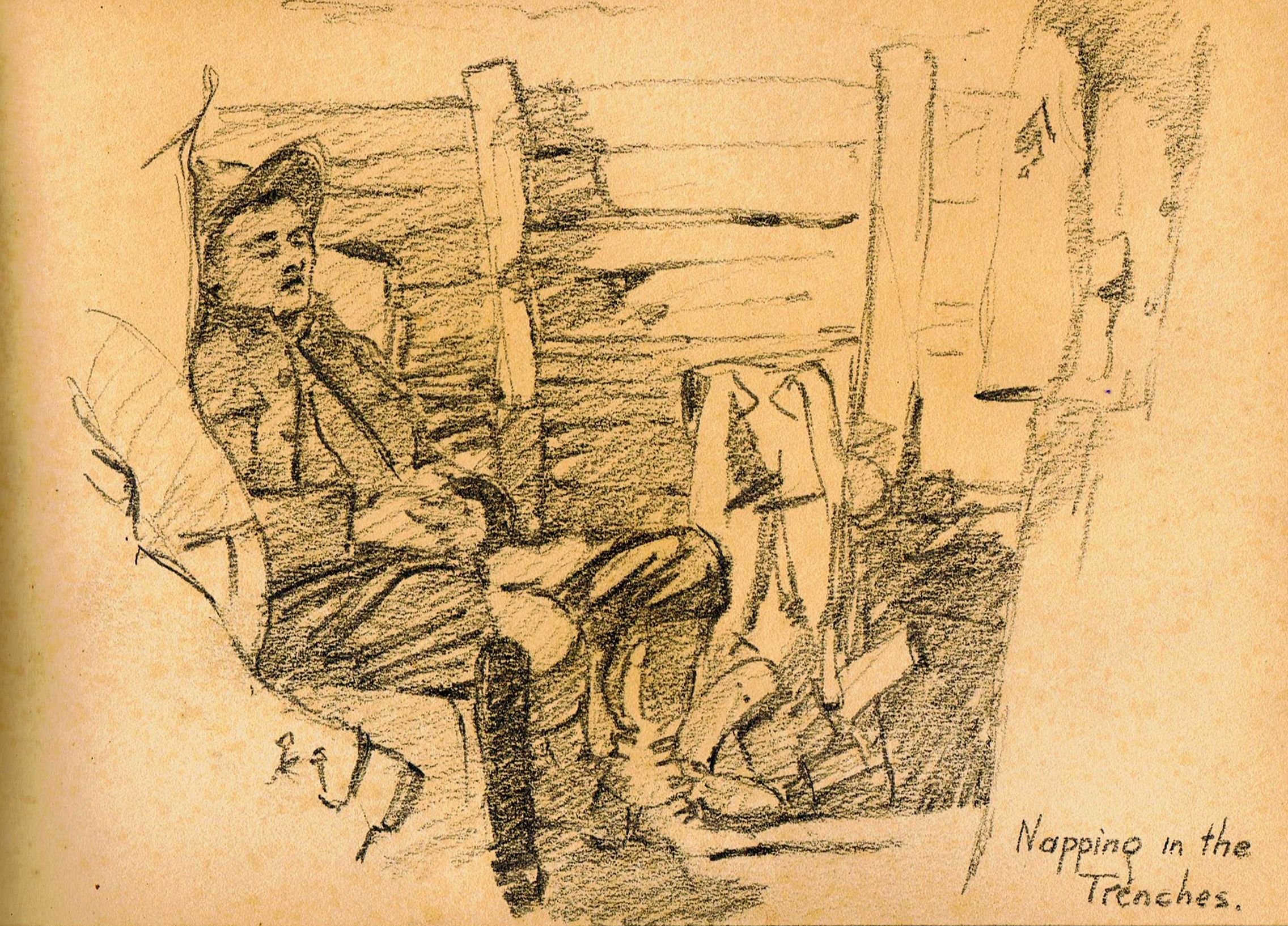 A sketch of a man napping in a trench